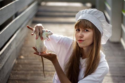 Cocina Chica Con Una Rata Oscura En El Hombro Gourmet Imagen De Archivo