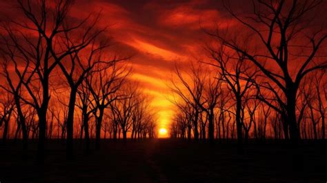 Premium AI Image Fiery Red Sunset Behind Naked Autumn Trees