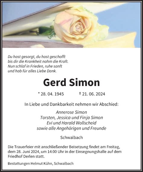 Traueranzeigen Von Gerd Simon Saarbruecker Zeitung Trauer De