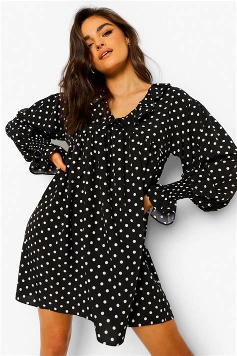 Polka Dot V Neck Ruffle Smock Dress Boohoo Uk