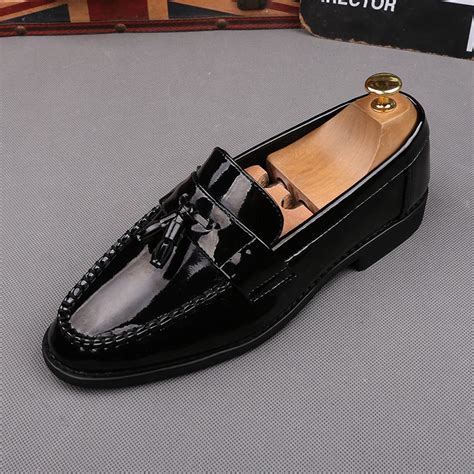 Black Glossy Patent Tassels Dapper Man Oxfords Loafers Dress Shoes