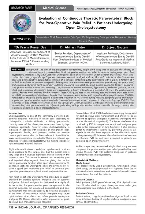 Pdf Evaluation Of Continuous Thoracic Paravertebral Block For Post