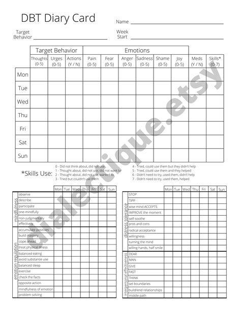 DBT Diary Card, Skills Tracking, Therapy Worksheet - Etsy