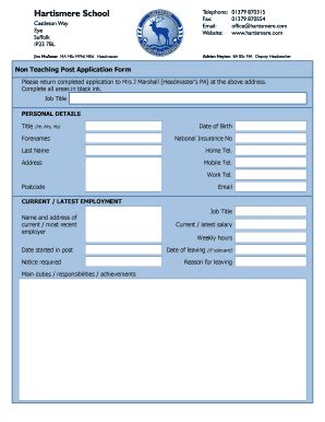 Fillable Online Non Teaching Post Application Form Hartismere School