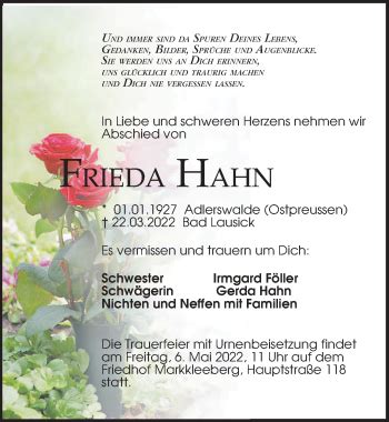 Traueranzeigen Von Frieda Hahn Trauer Anzeigen De