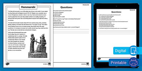 Sixth Grade Hammurabi Reading Passage Comprehension Activity