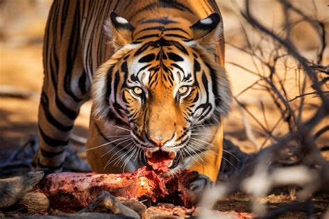 Un Tigre Comiendo Un Trozo De Carne Foto Premium