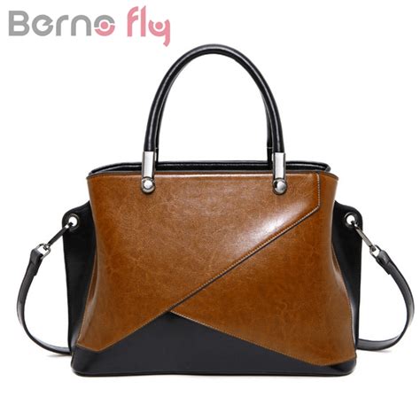 Berno Fly Genuine Leather Women Patchwork Bag Oil Wax Leather Female