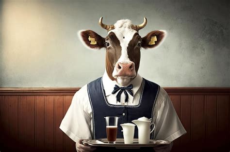 Retrato de vaca como camarero con una bandeja vacía generativa ai