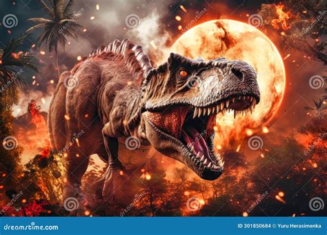 A Terrible Dinosaur Tyrannosaurus T Rex With An Open Huge Mouth And