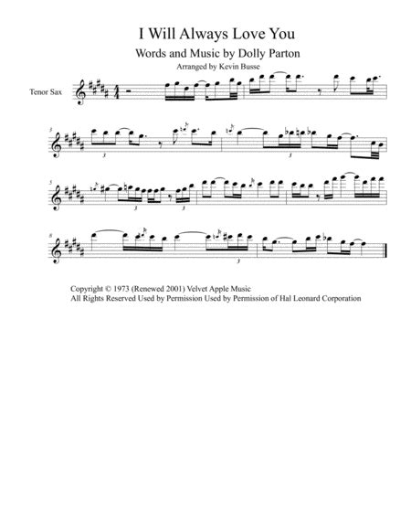 I Will Always Love You Arr Kevin Busse By Whitney Houston Sheet Music For Tenor Sax Solo At