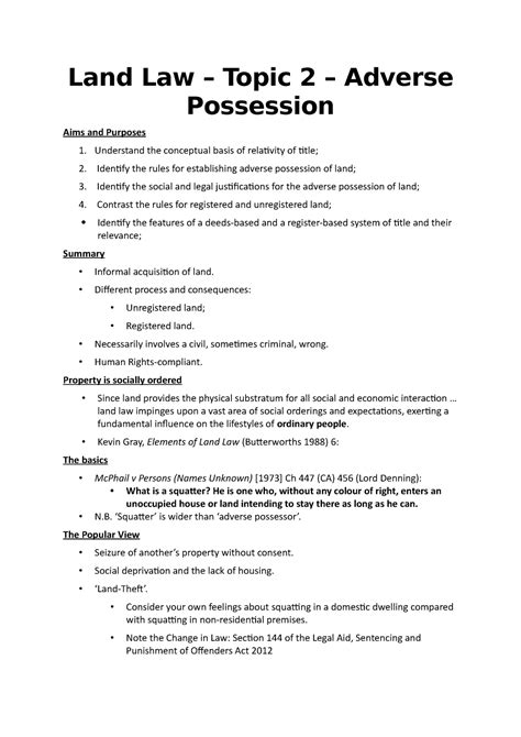 Land Law Topic 2 Adverse Possession Notes Land Law Topic 2