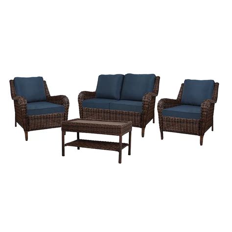 Hampton Bay Cambridge Brown Wicker 4-Piece Set with Blue Cushion | The ...