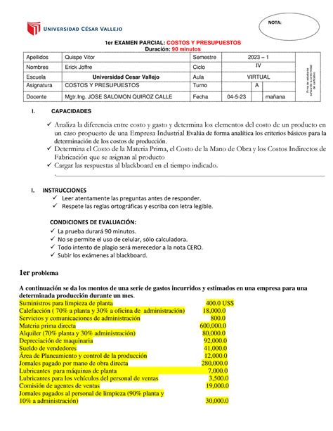 Er Examen De Costos Jueves Dia Er Examen Parcial Costos Y