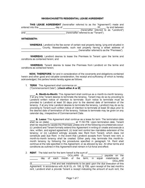 Free Massachusetts Rental Lease Agreement Templates Pdf Word