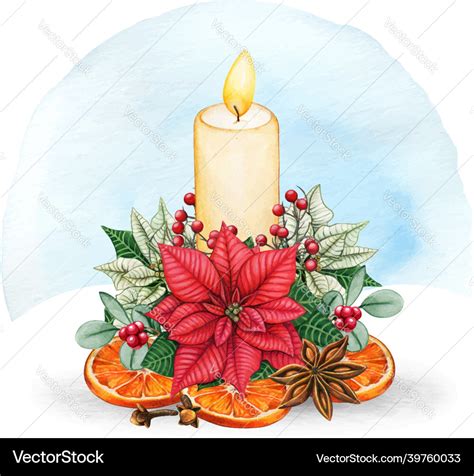 Watercolor christmas candle composition Royalty Free Vector