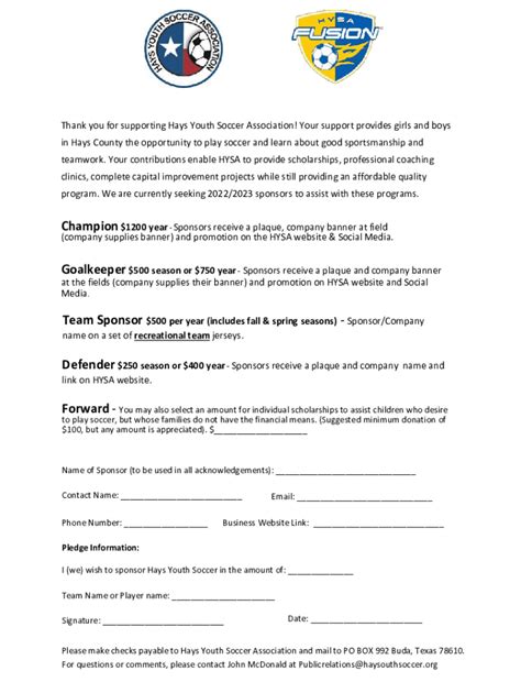 Fillable Online Hysa Sponsorship Form Fax Email Print Pdffiller