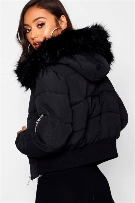 Petite Luxe Faux Fur Hood Sporty Cropped Coat Fur Hood Jacket Faux