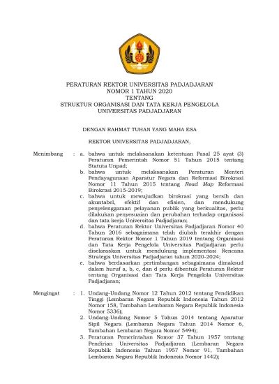 PERATURAN REKTOR UNIVERSITAS PADJADJARAN NOMOR 1 TAHUN 2020 TENTANG