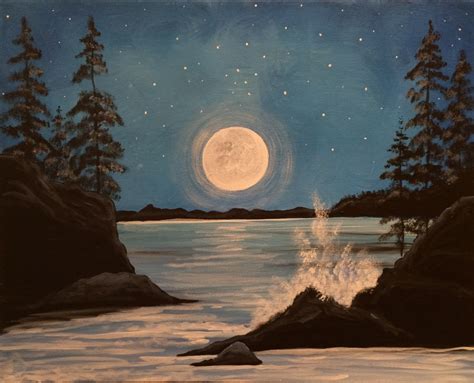 An Acrylic Painting Of A Lake And Trees At Night