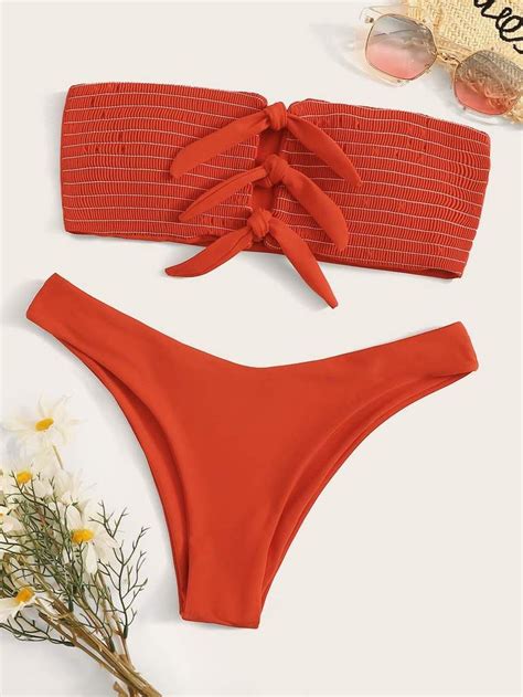 Knot Front Smocked Bandeau With Hipster Bikini Set Hipster Bikini