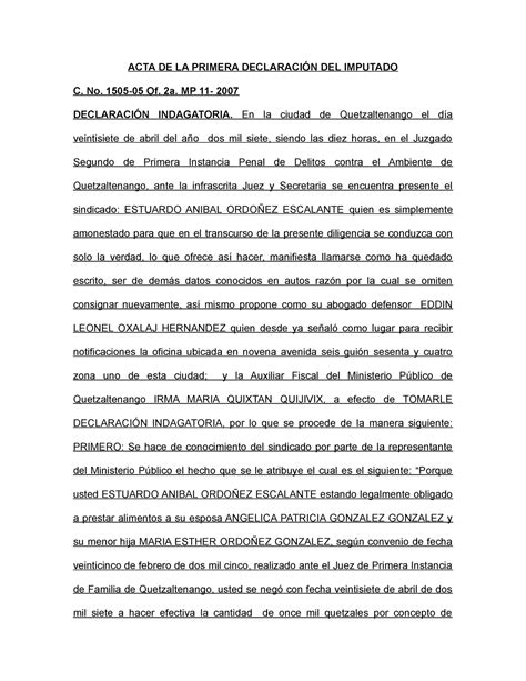 Acta De La Primera Declaraci N Del Imputado Acta De La Primera