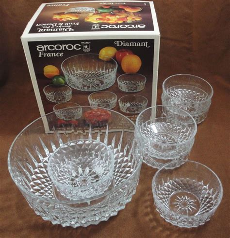 Vtg Arcoroc France Diamant Starburst Tempered Glass Fruit Bowls Dessert Set 7 Pc Arcoroc