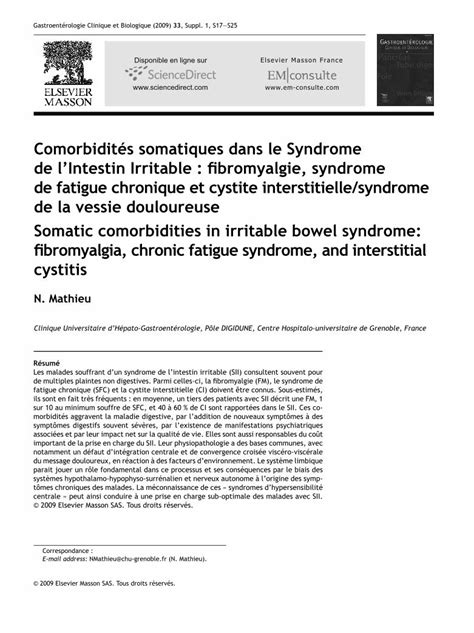 Pdf Comorbidités Somatiques Dans Le Syndrome De Lintestin Irritable