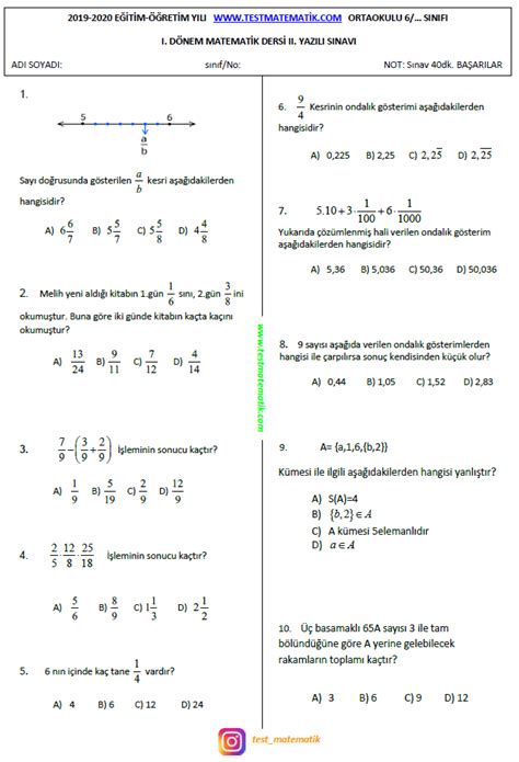 2019 2020 6 SINIF MATEMATİK 1 DÖNEM 2 YAZILI SINAVI Test Matematik