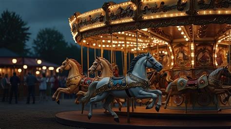 A Carousel With Brightly Lit Horses People In The Background And A