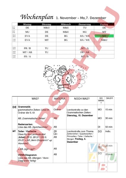 Arbeitsblatt Wochenplan Administration Methodik Unterrichtsplanung