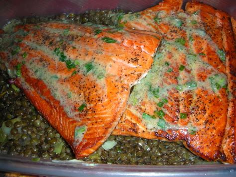 Salmon With Lentils And Mustard Herb Butter Saumon Aux Lentille Recipe