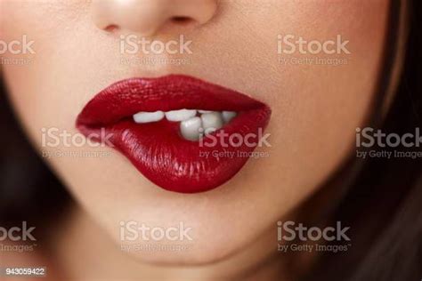 Closeup Beautiful Woman Lips With Red Lipstick Beauty Makeup Stock