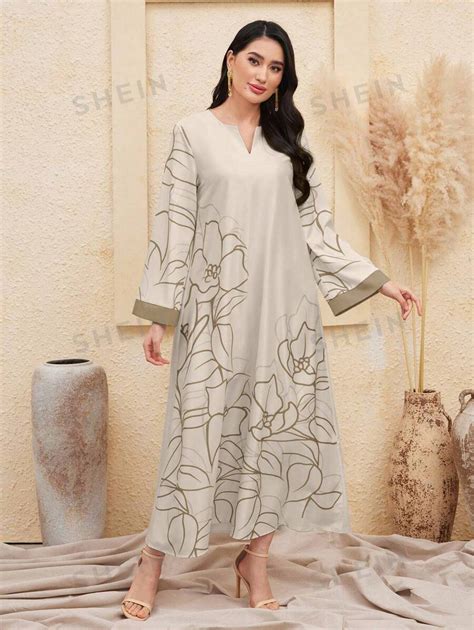 Shein Najma Women Simple Floral Printed Long Sleeve Arabian Dress Shein