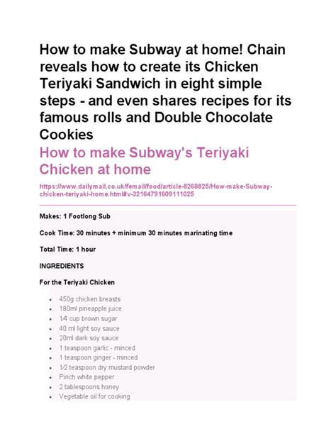 How To Make Subway Teriyaki Chicken at Home | PDF | Teaspoon | Sauce