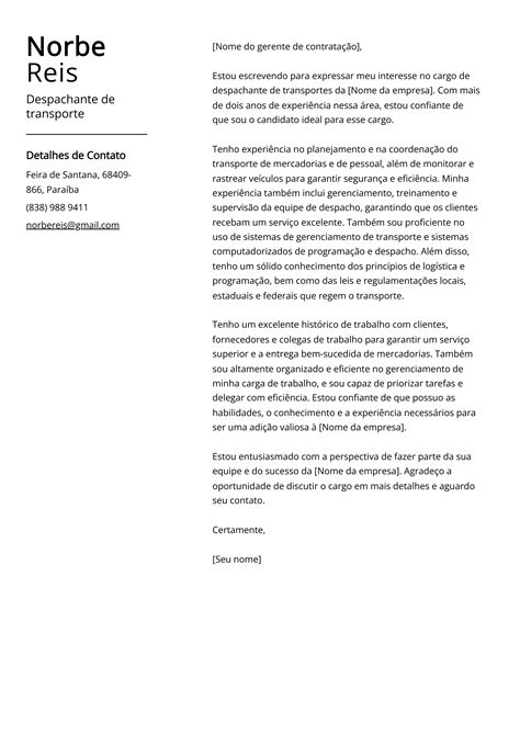 Despachante de transporte Exemplos de carta de apresentação (modelo e mais de 20 dicas)