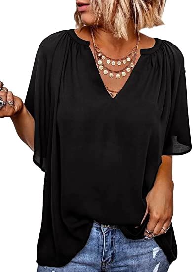 Shewin Womens Casual V Neck Loose 34 Bell Sleeve Chiffon Blouse Shirt Pleated Flowy Tunic Tops