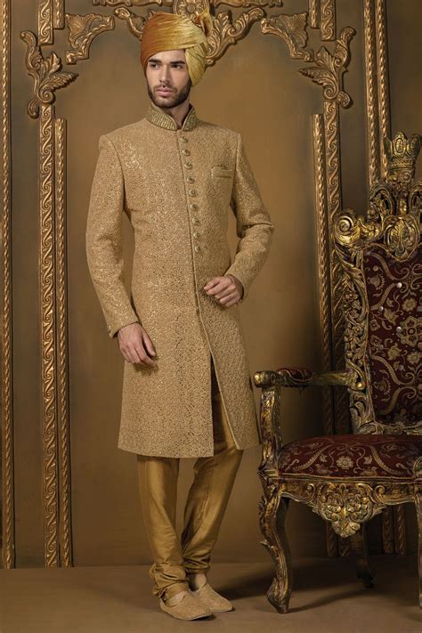 Gold Pure Silk Mesmerized Jodhpuri Bandh Gala Sherwani With Standing