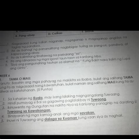 WEEK 6 II TAMA O MALI Panuto Basahin Ang Mga Pahayag Na Makikita Sa