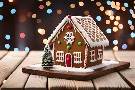 Una casa de pan de jengibre con una puerta roja y un árbol de navidad