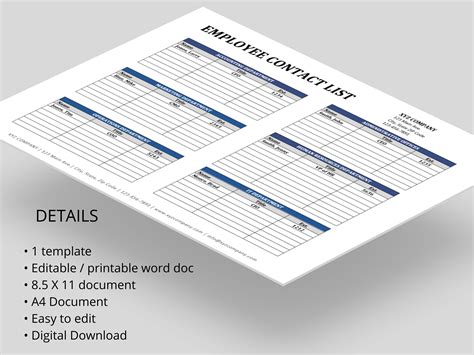 Employee Contact List Template Editable Word Form Company Phone ...