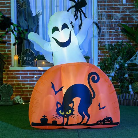 Homcom 5ft Halloween Inflatables Ghost With Pumpkin Outdoor Yard Blow Up Decoration With Led