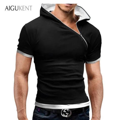 Mens T Shirt 2016 Brands Fashion Hooded Slant Zip Short Sleeved Tees