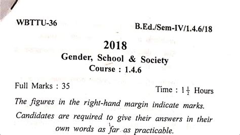 Wbuttepa B Ed 4th Semester Question Course 1 4 6 Pyq 2018 Gender