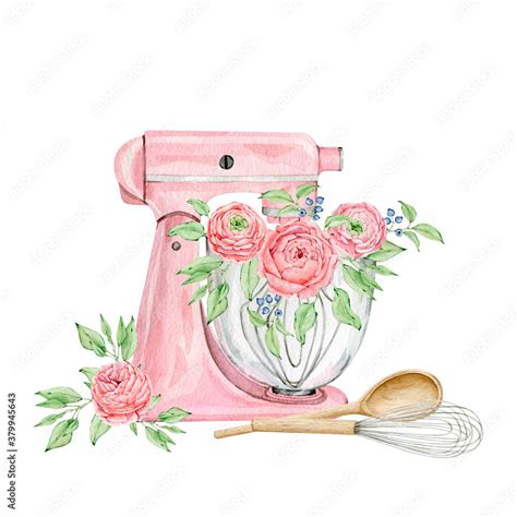 Watercolor Pink Mixer For Creating Diy Bakery Logo Stock Illustration