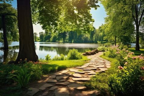 premium photo vibrant park landscape  lake trees  stone path