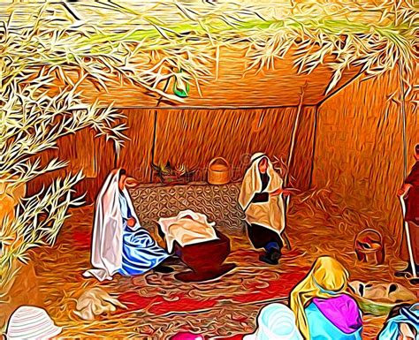 Digital Painting Style Representing a Nativity Scene Stock Illustration ...