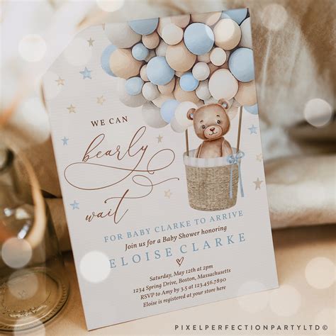 Editable Teddy Bear Hot Air Balloon Baby Shower Invitation Boy Etsy Uk