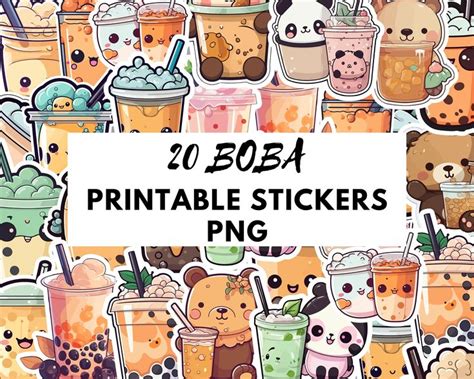 20 Boba Printable Stickers PNG Bubble Tea Print Digital Stickers Cute Stickers Bubble Tea Png ...