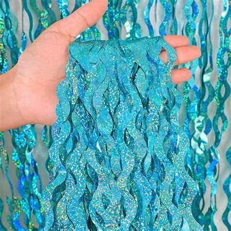 Wavy Tinsel Foil Fringe Curtains 3 Pcs Teal Blue Backdrop